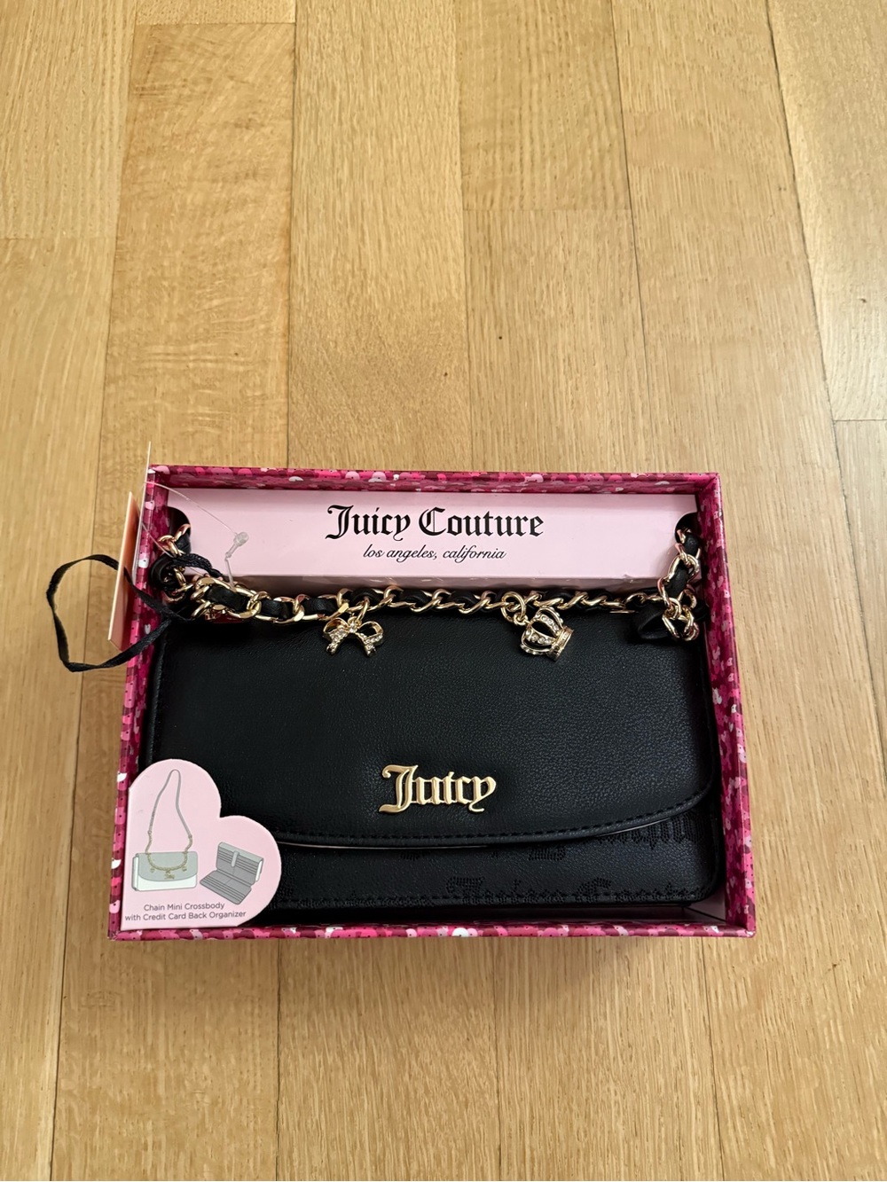Juicy Couture Black Leather Crossbody with Gold Chain, Charms & Logo